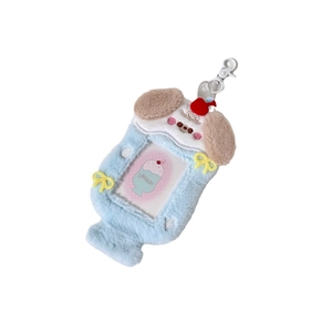 Blue plush animal card holder with brown ears, red cherry, and metal keychain hook