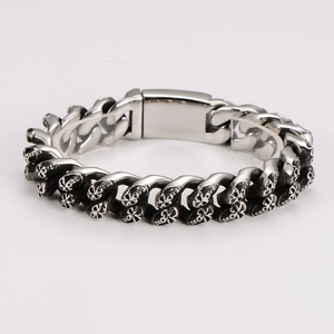 Men's punk stainless steel skull bracelet with vintage silver finish and tank chain links