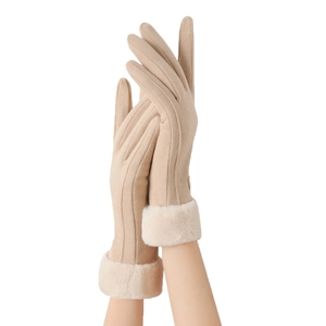 Beige winter thermal gloves for women with faux fur cuffs and touchscreen fingers