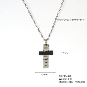 Technical diagram showing stainless steel cross necklace dimensions 27x13mm and chain length