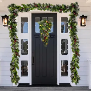 Christmas pine garland and teardrop swag with LED lights, pinecones and red berries decoration