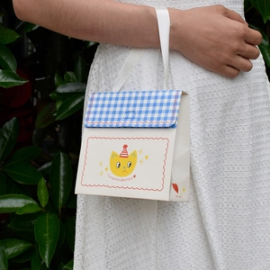Cute cartoon cat gift box with blue checkered lid and white ribbon handle held by model