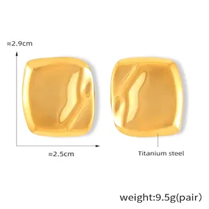 Detailed view of irregular 18k gold plated titanium steel square earrings with dimensions