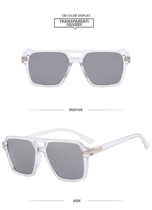 Front and side views of vintage square transparent sunglasses with silver-grey lenses