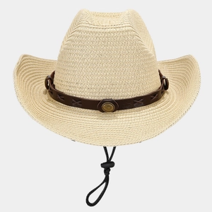 Detail of straw western cowboy hat with brown leather band and adjustable wind rope