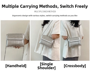 Detail view of silver rhinestone handbag with tassels shown in three different carrying ways