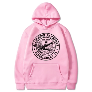 Pink men's hoodie with Alligator Alcatraz print and classic drawstring kangaroo pocket