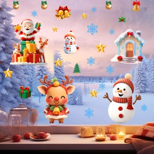 Close-up of festive Santa, snowman, and reindeer static window stickers on glass
