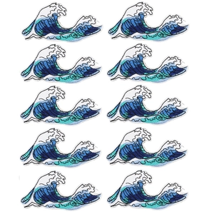 Close-up of 10-piece set showing fine textures on blue ocean wave embroidery patches