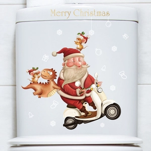 Christmas Santa Claus on motorcycle toilet lid sticker set with Merry Christmas text