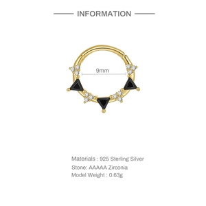Detail of 925 silver nose ring with black triangle and white round zircon stones