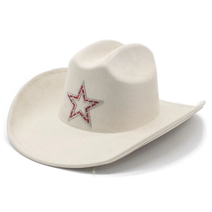 Cream suede western cowboy hat with red rhinestone star decoration on the front crown