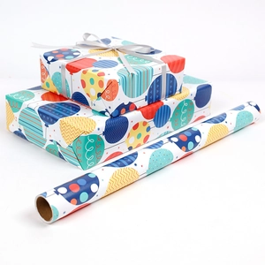 Colorful cartoon balloon gift wrapping paper set with silver ribbon for birthdays