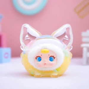Cute collectible art toy figurine in white plush hoodie with iridescent fox ears