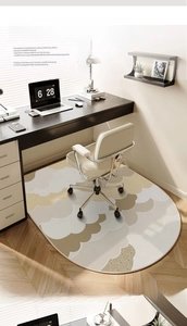 Abstract beige office chair mat with TPR backing on light wood herringbone floor