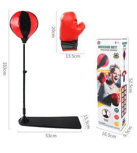 Vertical inflatable boxing set for kids showing adjustable stand height and glove details