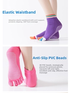Detail view of 3D PVC non-slip dots and rainbow elastic bands on yoga five-finger socks