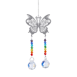 Silver butterfly crystal suncatcher with colorful beads and hanging prisms for garden