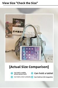 Detailed size comparison of green nylon drawstring tote bag with tablet and A4 magazine