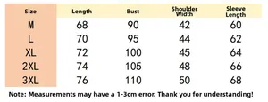 Detailed men's sportswear size chart showing length, bust, shoulder, and sleeve measurements