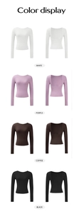 Color display of slim fit open back long sleeve knit tops in white, purple, coffee, black