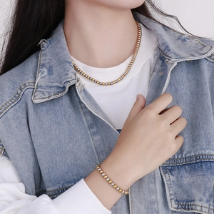 Collier Et Bracelet À Billes Rondes Acier Inoxydable Minimaliste Géométrique Poli Ajustable Bijoux De Mode Pour Femmes