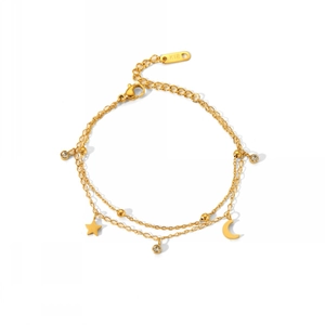 Double-layered 18K gold plated stainless steel bracelet with star and moon charms
