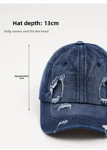 Close-up of distressed navy denim baseball cap showing 13cm deep crown measurement