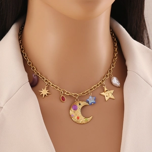 Star Moon Owl Stainless Steel Necklace With Imitation Artificial Pearl Colored Glass Gemstone Pendants Retro Jewelry For Women