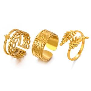 Three-piece vintage gold stainless steel rings with bohemian star and leaf open designs