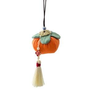 Chinese persimmon fabric ornament with red Fu pendant and long white silk tassels
