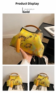 Detail of yellow silk embroidery bag with floral patterns, tassels and wooden handle