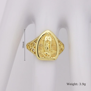 Detailed view of Virgin Mary gold ring with 16mm surface length and 3.9g weight