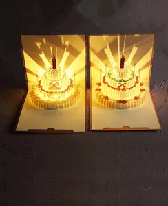 Detail view of 3D pop-up birthday card with LED lights and layered cake design