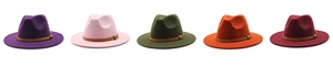 Detail of colorful fedora hats featuring textured leather bands and classic wide brims