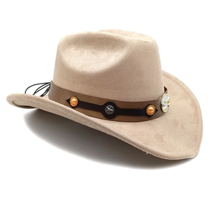 Detail view of beige western cowboy hat with brown leather band and star metal studs