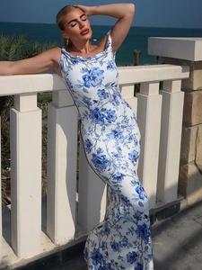 Women One Shoulder Twist Knot Maxi Dress Blue White Floral Print Slim Fit Sleeveless Asymmetric Neckline Summer Vacation Elegant