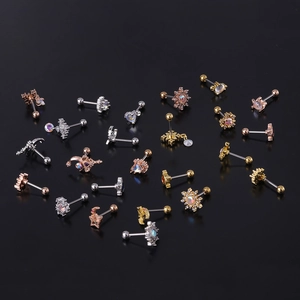 Variety of geometric stainless steel cartilage studs with colorful zircon and opal stones