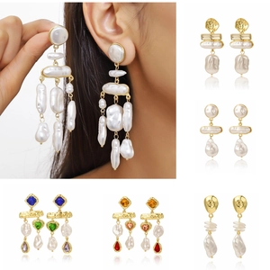 Artificial Baroque Pearl Dangle Earrings For Women Vintage Gold Plated Alloy With Stainless Steel Earring Post Colorful Crystal