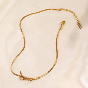 Elegant gold stainless steel flat snake chain necklace with a woven bow pendant