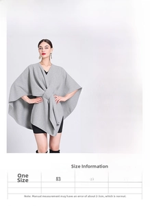 Size chart showing 83cm length and 108cm bust for this loose knit shawl cloak