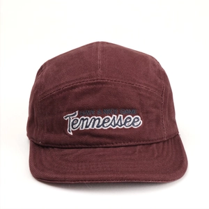 Close-up of vintage burgundy 5-panel camper hat with detailed Tennessee embroidery