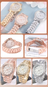 Detailed views of luxury rhinestone watch with crystal bezel and steel strap in three colors