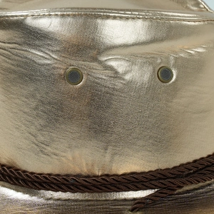 Close-up of golden PU leather cowboy hat with metal eyelets and braided rope detail