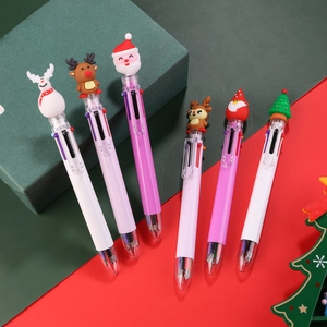 6-pack Christmas multicolor retractable ballpoint pens with Santa and reindeer toppers