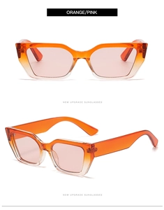 Detaillierte Vorder- und Seitenansichten der orange-rosa Verlaufs-Katzenaugen-Sonnenbrille