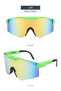 Detail of C14 sports sunglasses with green ink-jet frame and colorful gradient lens