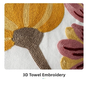 Macro detail of tulip chenille embroidery on a white minimalist cotton canvas cushion