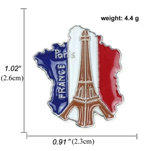 Detailed view of Paris Eiffel Tower enamel pin with dimensions and weight specs