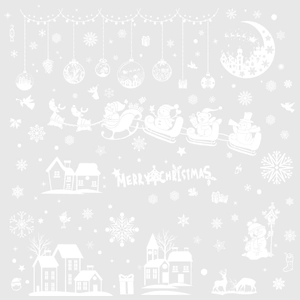 White Christmas window decals featuring Santa, reindeer, snowman and Merry Christmas text